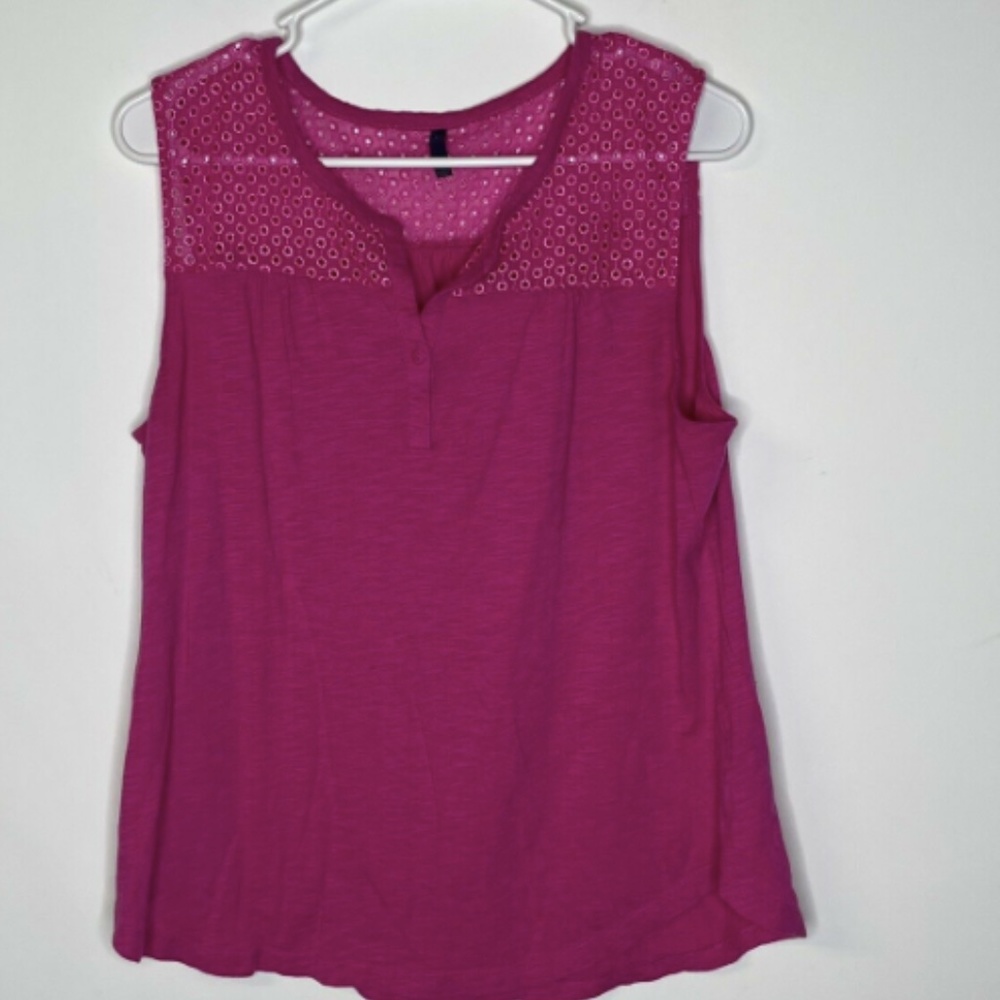 NYDJ Not your Daughters Jeans Tank Top Size PL Hot Pink Eyelet Split Neck